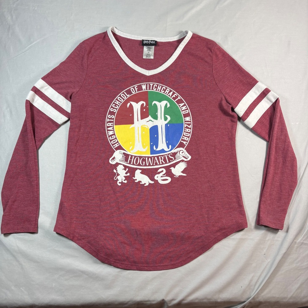 Harry Potter Hogwarts Graphic Tee Juniors XL Red Long Sleeve Varsity V-Neck Top